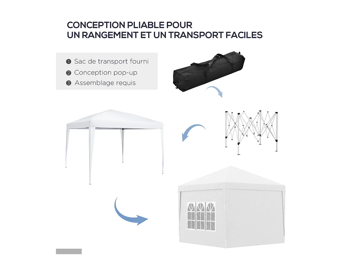 Tonnelle barnum pop-up pliant dim. 3L x 3l x 2,58H m 2 fenêtres sac transport acier Oxford blanc