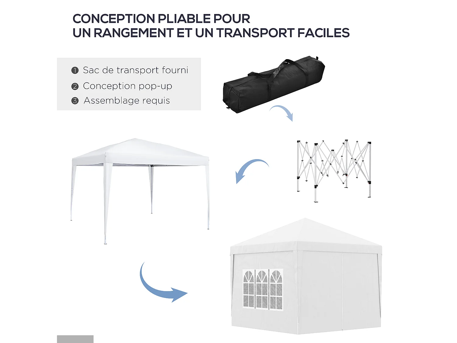 Tonnelle barnum pop-up pliant dim. 3L x 3l x 2,58H m 2 fenêtres sac transport acier Oxford blanc