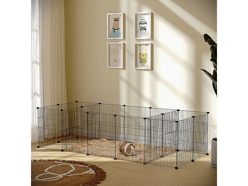 Parc enclos modulable petits animaux lapins rongeurs chiots - 18 panneaux en fil d'acier - 2 portes - 175L x 70l x 45H cm - noir