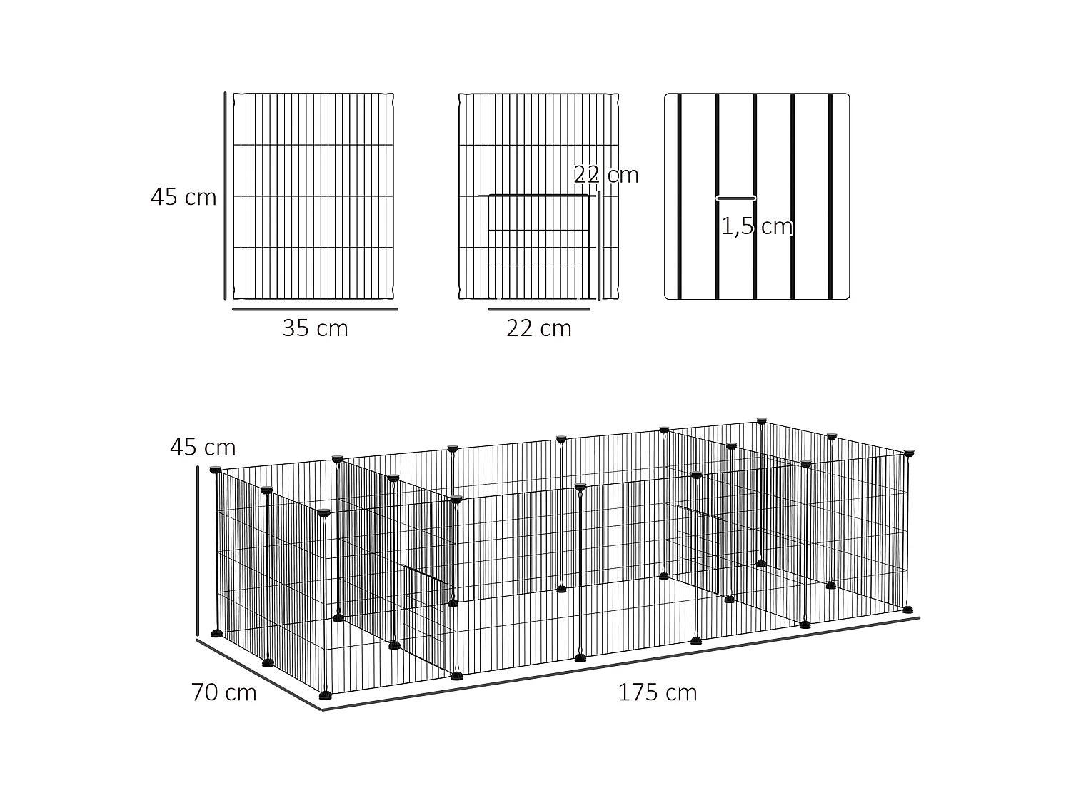 Parc enclos modulable petits animaux lapins rongeurs chiots - 18 panneaux en fil d'acier - 2 portes - 175L x 70l x 45H cm - noir