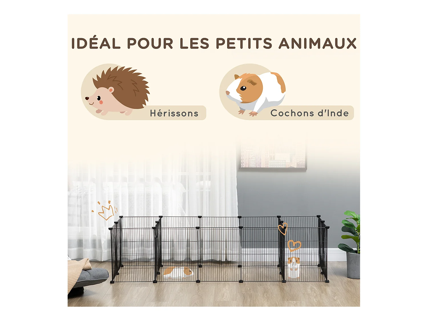 Parc enclos modulable petits animaux lapins rongeurs chiots - 18 panneaux en fil d'acier - 2 portes - 175L x 70l x 45H cm - noir