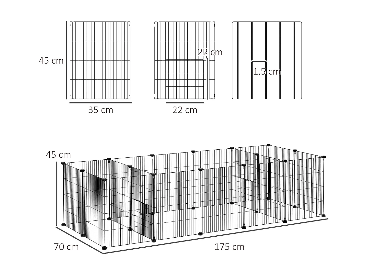 Parc enclos modulable petits animaux lapins rongeurs chiots - 18 panneaux en fil d'acier - 2 portes - 175L x 70l x 45H cm - noir