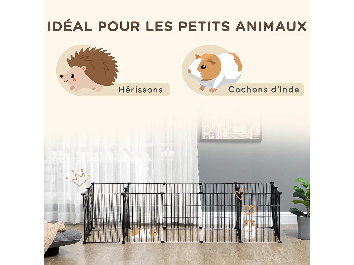 Parc enclos modulable petits animaux lapins rongeurs chiots - 18 panneaux en fil d'acier - 2 portes - 175L x 70l x 45H cm - noir