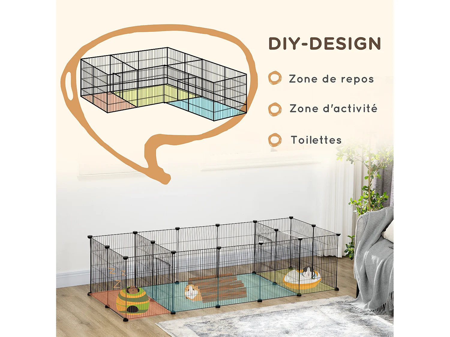 Parc enclos modulable petits animaux lapins rongeurs chiots - 18 panneaux en fil d'acier - 2 portes - 175L x 70l x 45H cm - noir