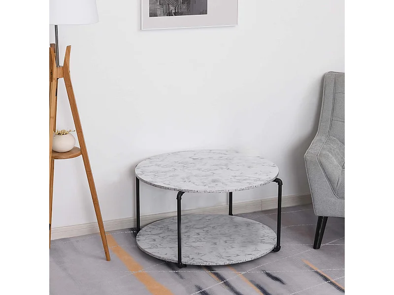 Table basse ronde avec étagère dim. Ø 80 x 45H cm panneaux particules imitation marbre blanc métal noir