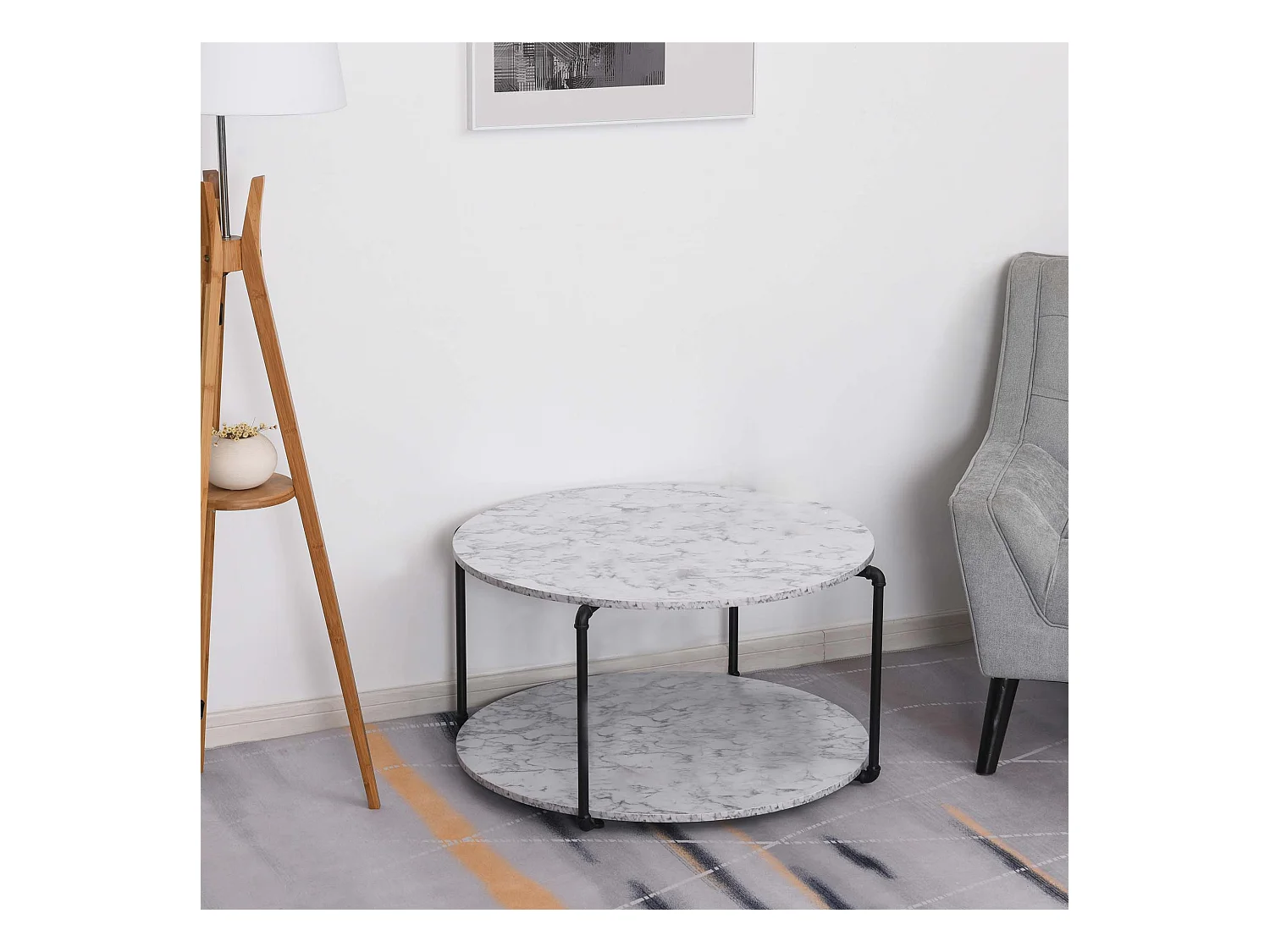 Table basse ronde avec étagère dim. Ø 80 x 45H cm panneaux particules imitation marbre blanc métal noir