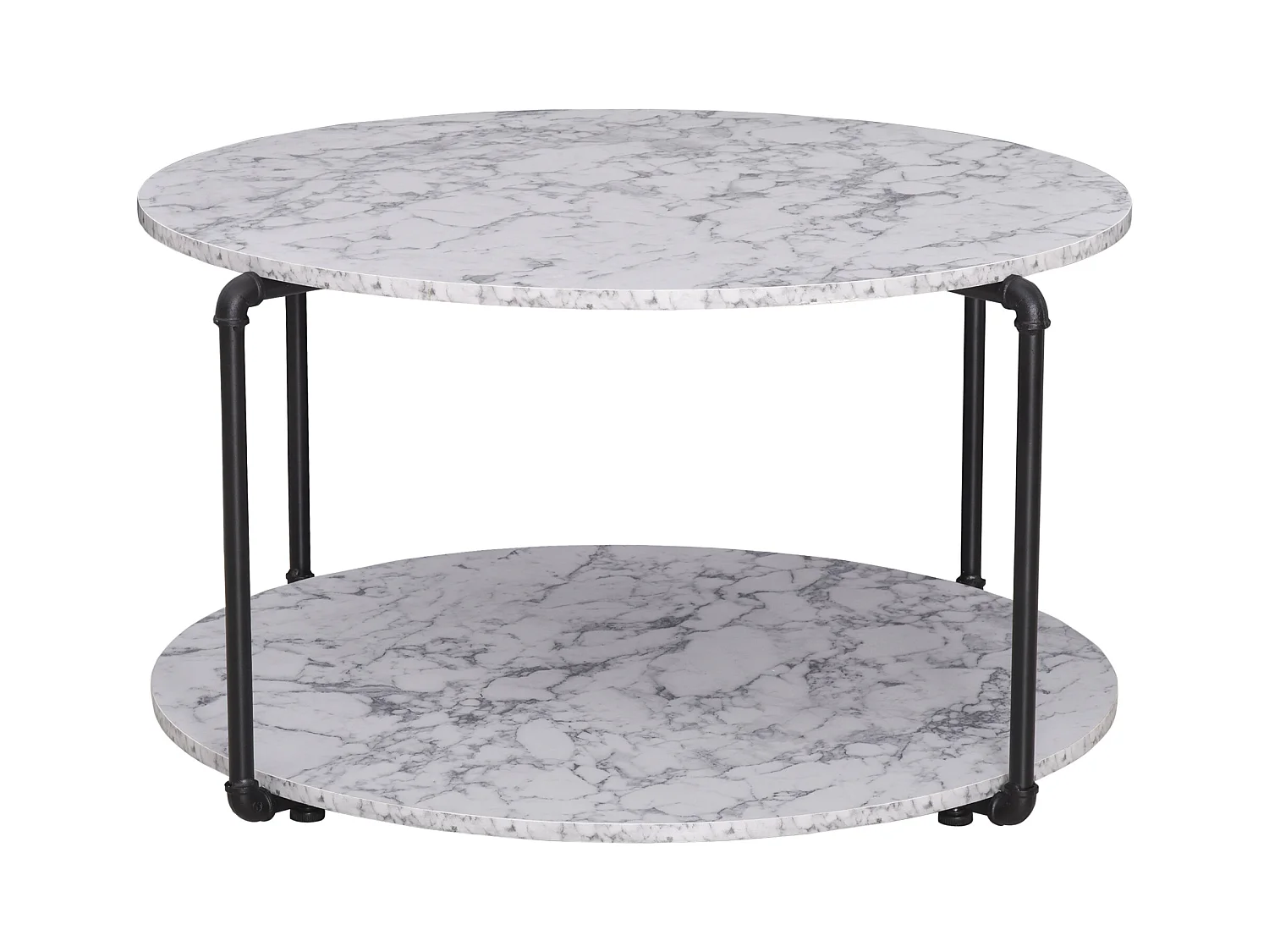 Table basse ronde avec étagère dim. Ø 80 x 45H cm panneaux particules imitation marbre blanc métal noir