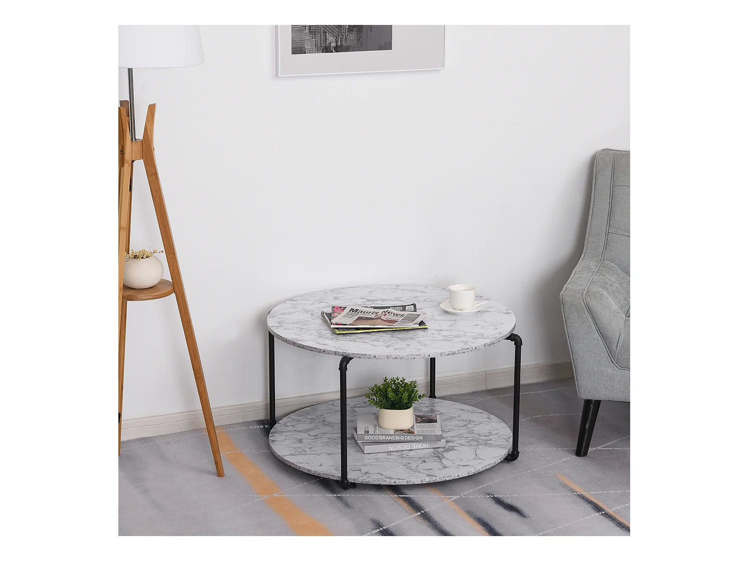 Table basse ronde avec étagère dim. Ø 80 x 45H cm panneaux particules imitation marbre blanc métal noir