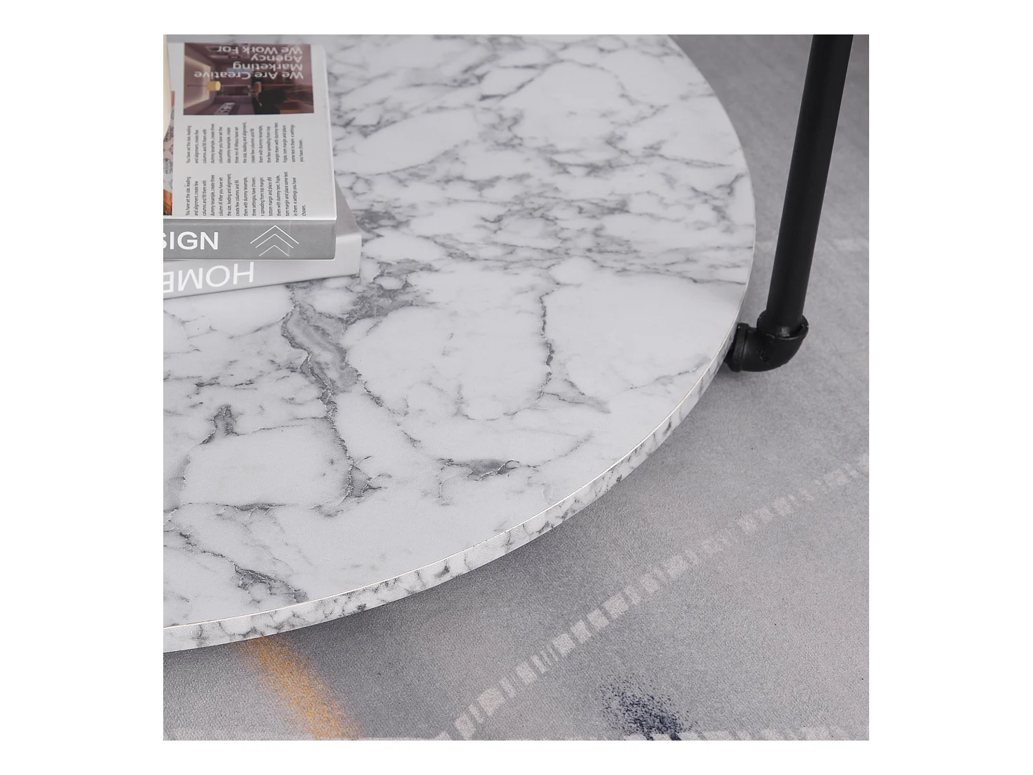 Table basse ronde avec étagère dim. Ø 80 x 45H cm panneaux particules imitation marbre blanc métal noir