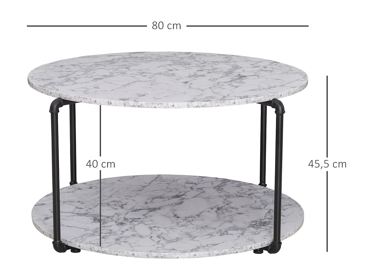 Table basse ronde avec étagère dim. Ø 80 x 45H cm panneaux particules imitation marbre blanc métal noir