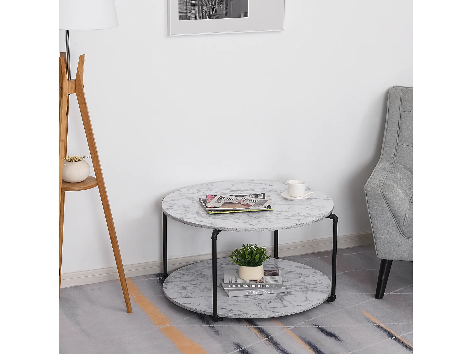 Table basse ronde avec étagère dim. Ø 80 x 45H cm panneaux particules imitation marbre blanc métal noir