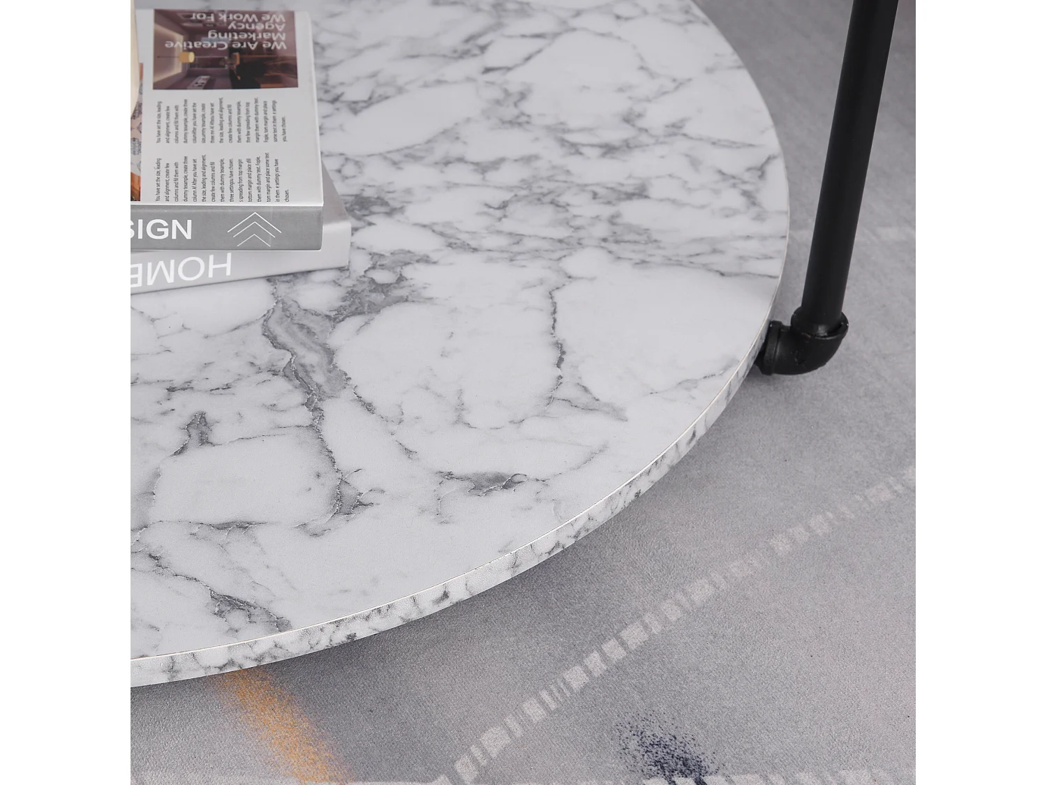 Table basse ronde avec étagère dim. Ø 80 x 45H cm panneaux particules imitation marbre blanc métal noir