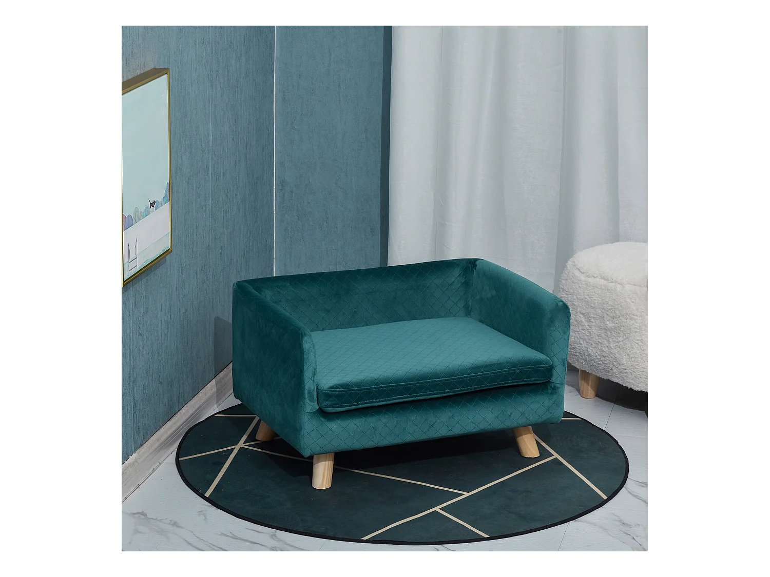 Canapé chien lit pour chien design scandinave coussin moelleux pieds bois massif dim. 64 x 45 x 36 cm velours bleu canard