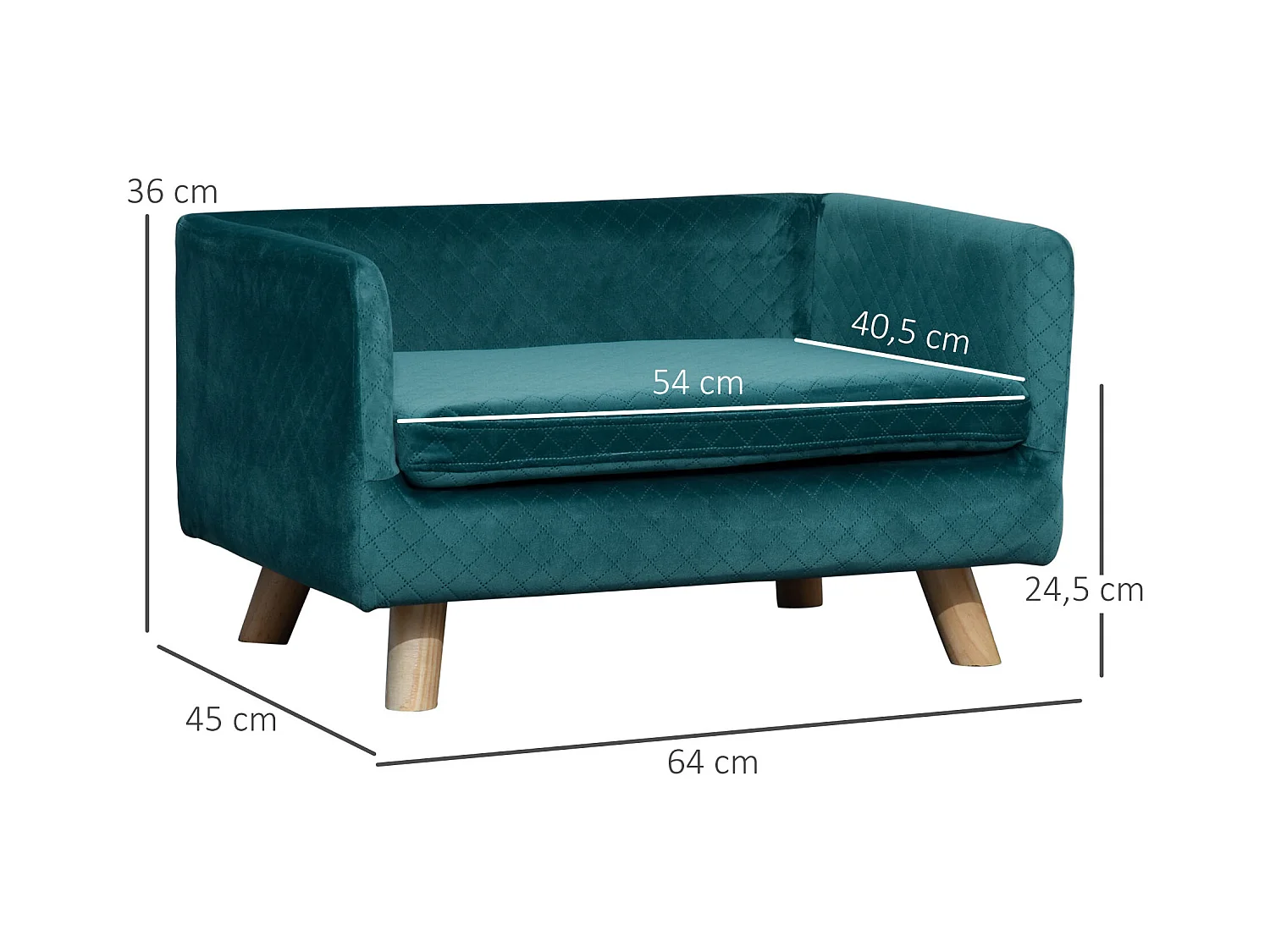 Canapé chien lit pour chien design scandinave coussin moelleux pieds bois massif dim. 64 x 45 x 36 cm velours bleu canard