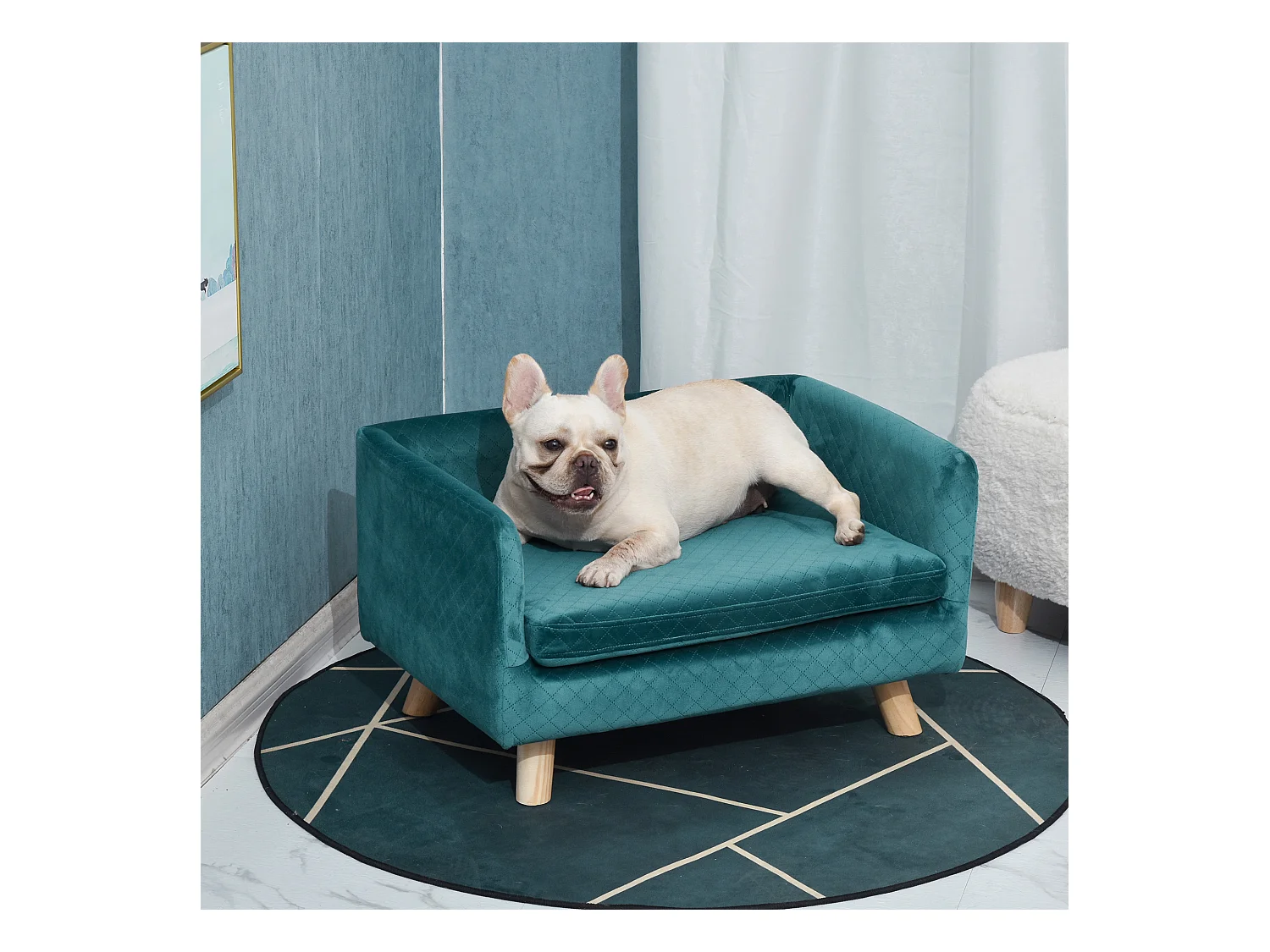 Canapé chien lit pour chien design scandinave coussin moelleux pieds bois massif dim. 64 x 45 x 36 cm velours bleu canard