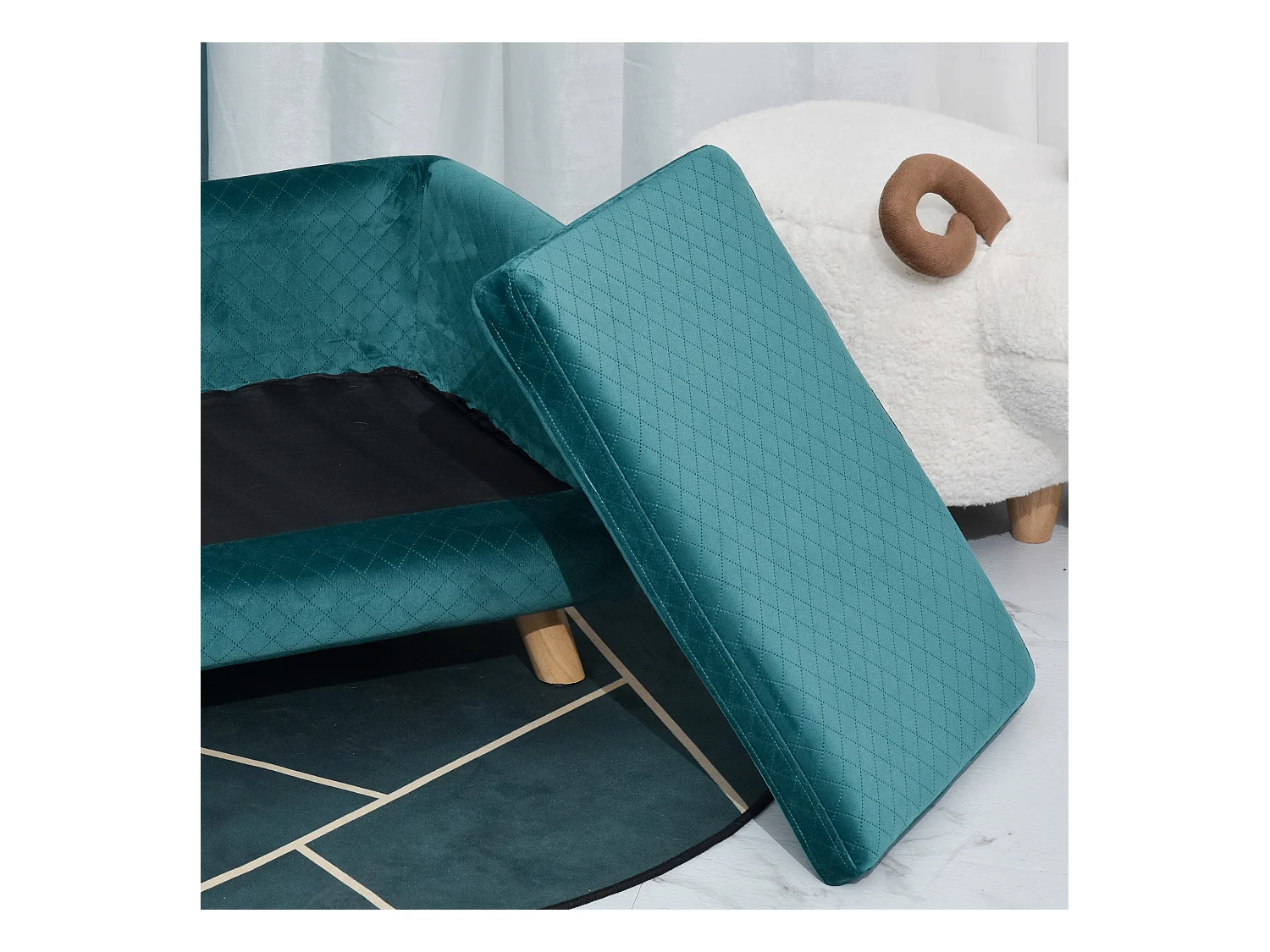 Canapé chien lit pour chien design scandinave coussin moelleux pieds bois massif dim. 64 x 45 x 36 cm velours bleu canard