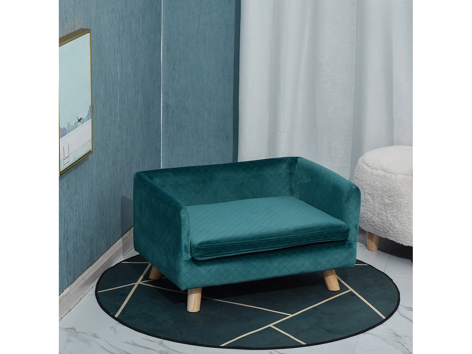 Canapé chien lit pour chien design scandinave coussin moelleux pieds bois massif dim. 64 x 45 x 36 cm velours bleu canard