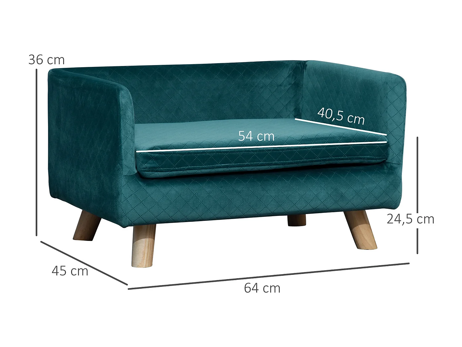 Canapé chien lit pour chien design scandinave coussin moelleux pieds bois massif dim. 64 x 45 x 36 cm velours bleu canard