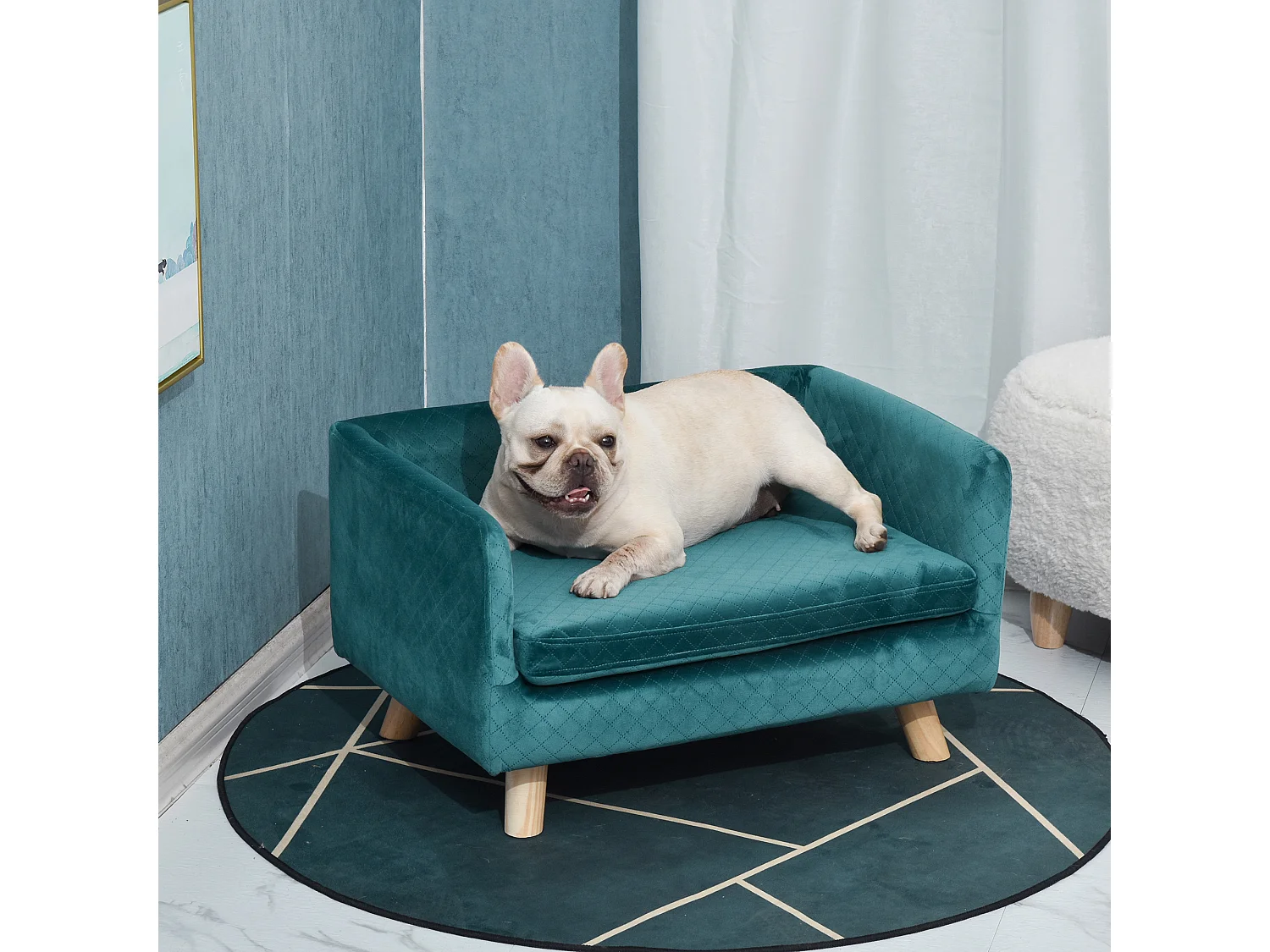 Canapé chien lit pour chien design scandinave coussin moelleux pieds bois massif dim. 64 x 45 x 36 cm velours bleu canard