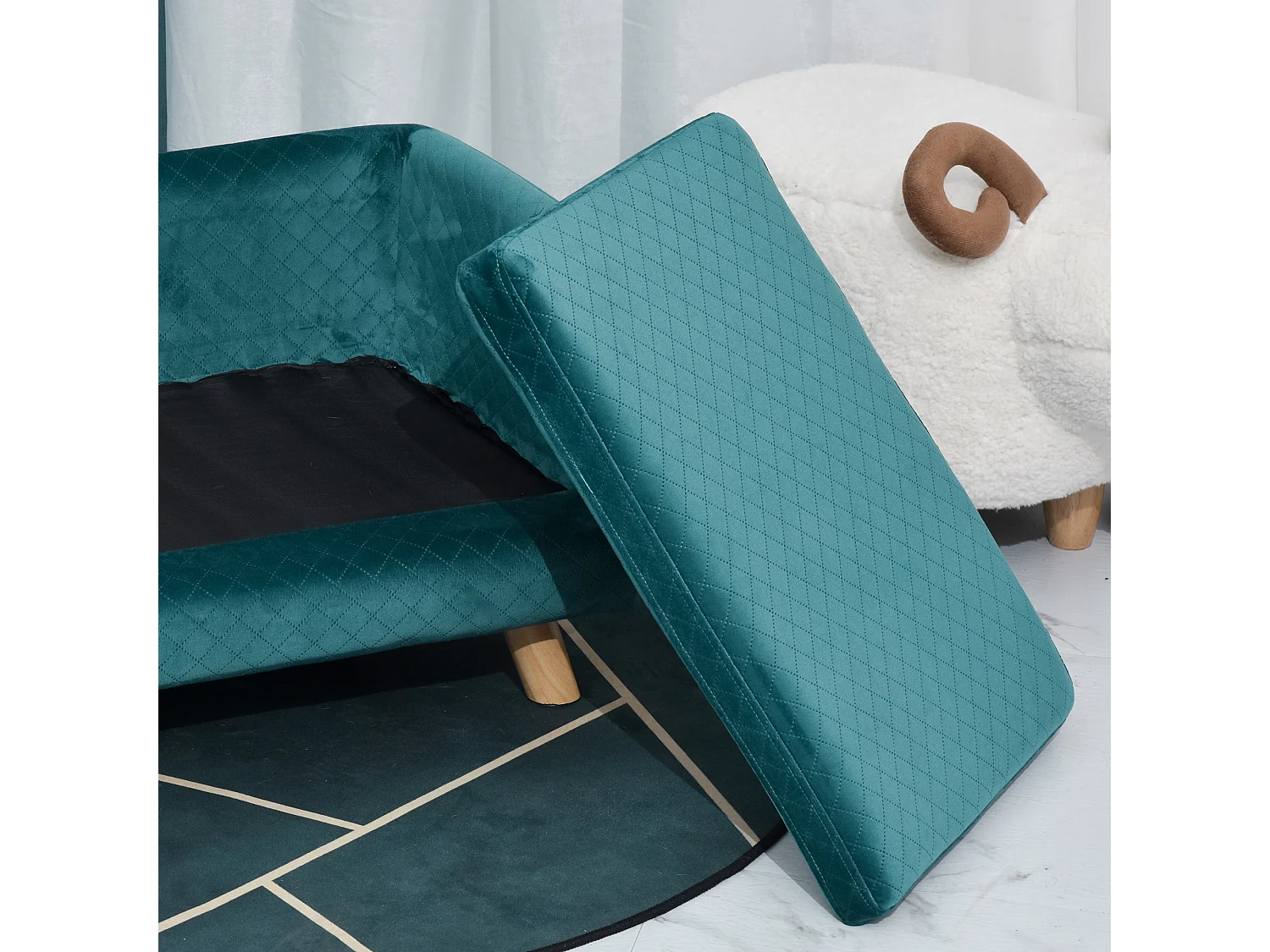 Canapé chien lit pour chien design scandinave coussin moelleux pieds bois massif dim. 64 x 45 x 36 cm velours bleu canard