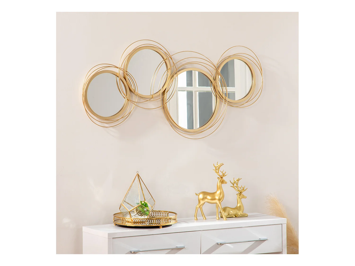 Lot de 4 miroirs ronds muraux Ø 30, 24, 21 cm crochet visserie incluse métal doré