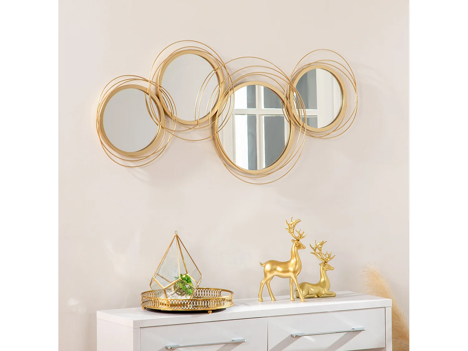 Lot de 4 miroirs ronds muraux Ø 30, 24, 21 cm crochet visserie incluse métal doré