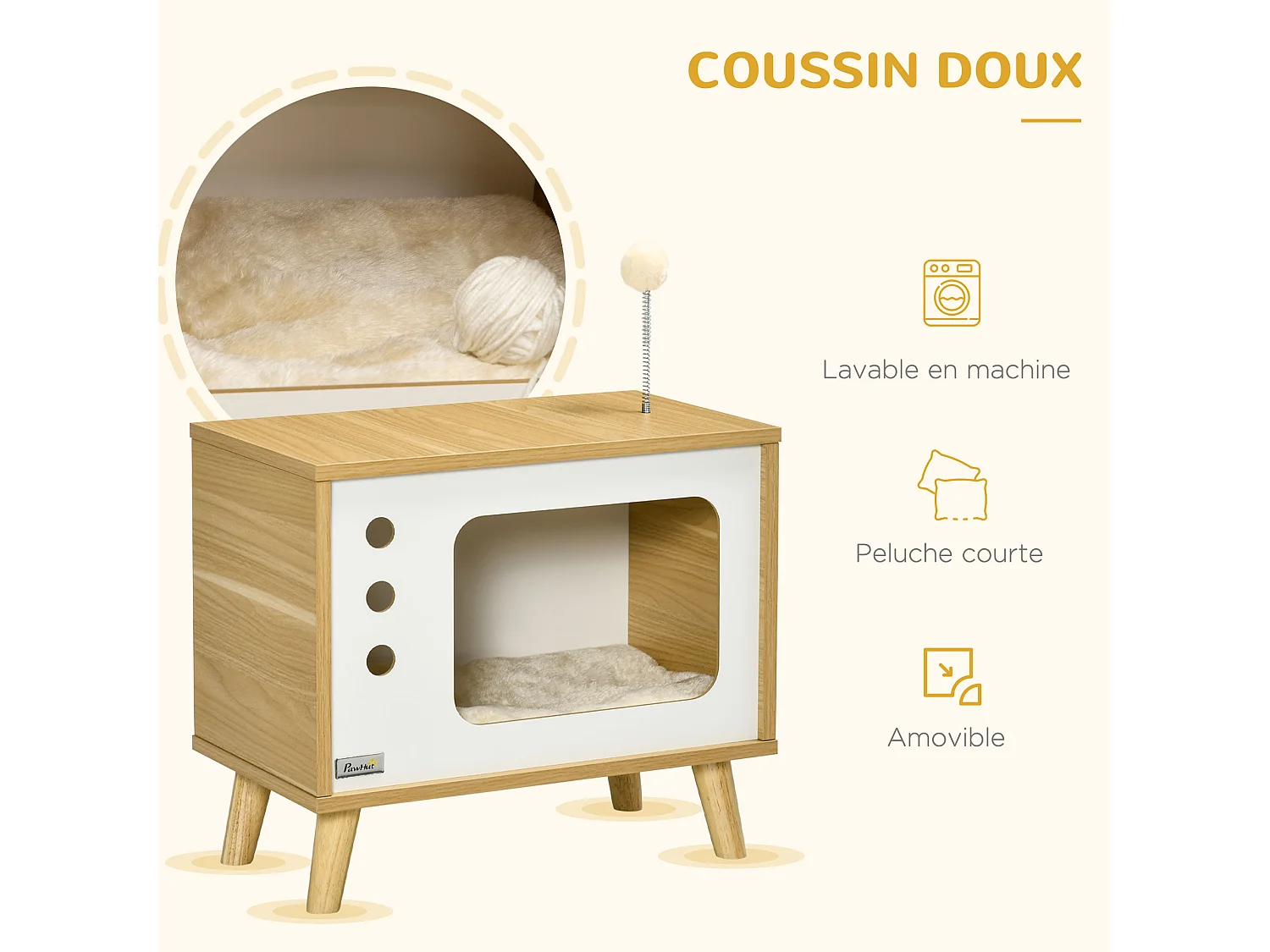 Maison pour chat design poste de télévision - niche chat panier chat - 2 coussins amovibles, boule à ressort - panneaux aspect bois clair blanc