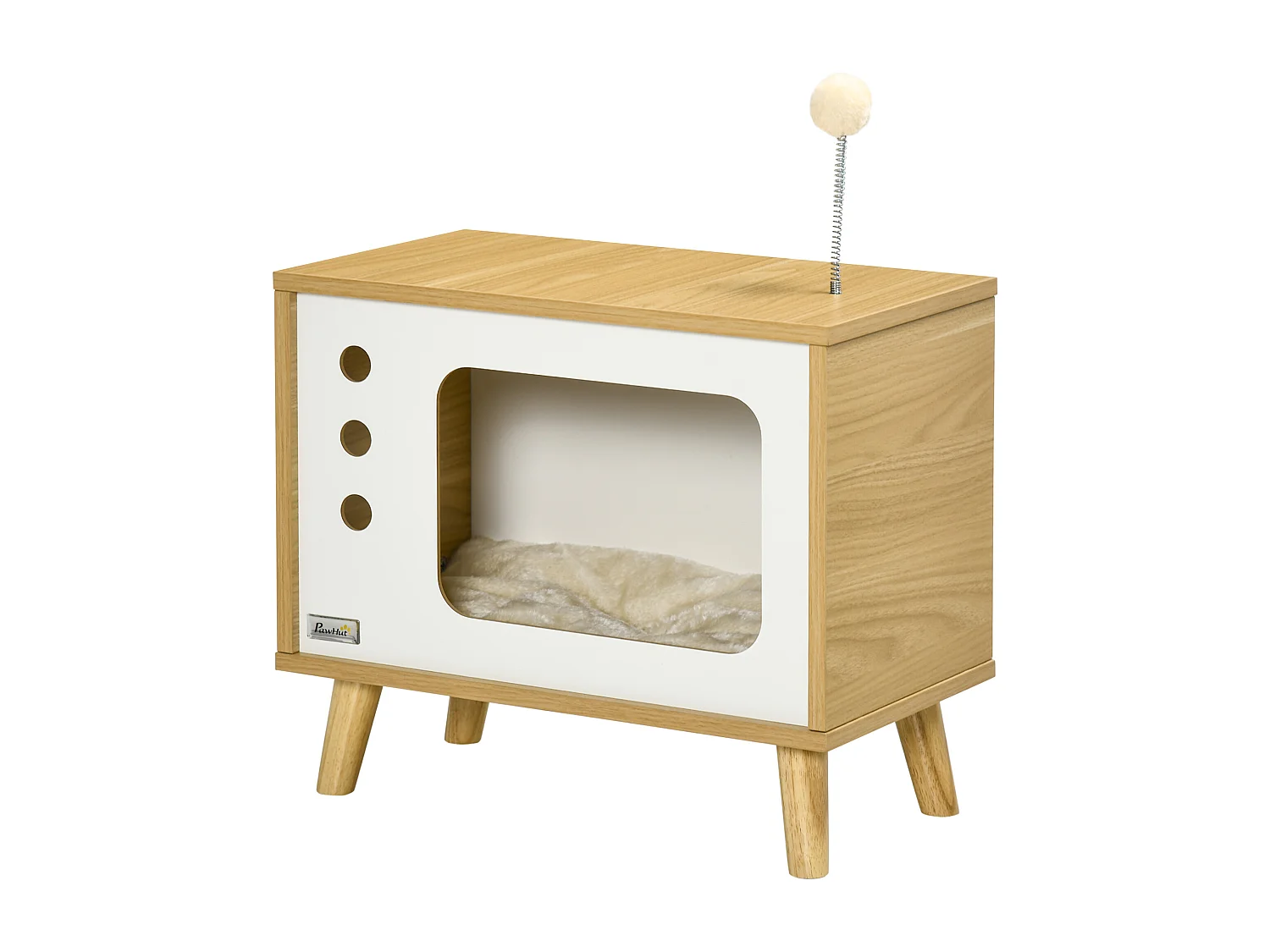 Maison pour chat design poste de télévision - niche chat panier chat - 2 coussins amovibles, boule à ressort - panneaux aspect bois clair blanc