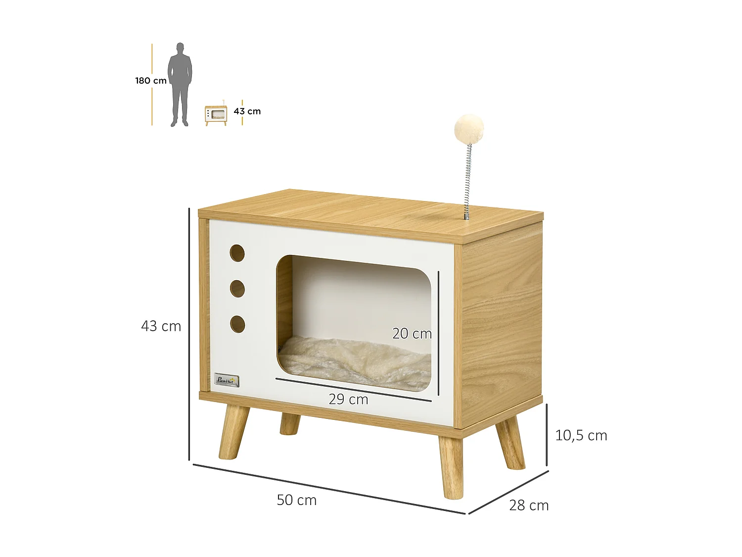 Maison pour chat design poste de télévision - niche chat panier chat - 2 coussins amovibles, boule à ressort - panneaux aspect bois clair blanc