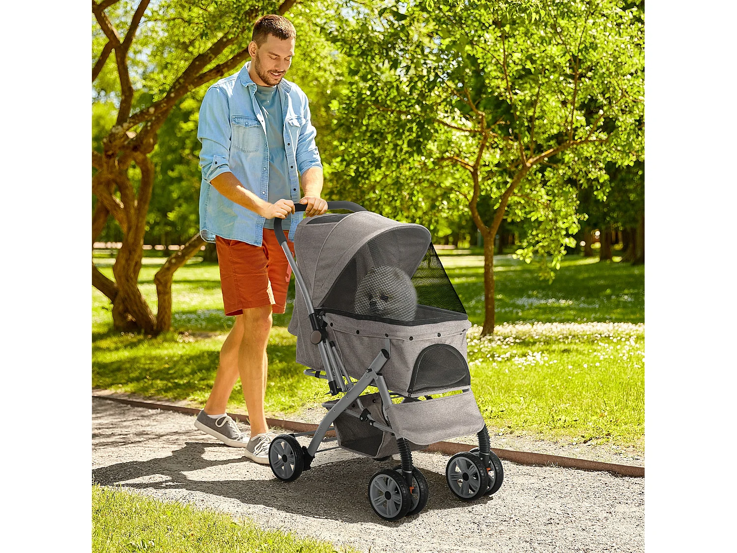 Poussette buggy pliable chien chat panier et sac de rangement attaches sécurité housse réglable poignée réversible acier Oxford marron chiné noir