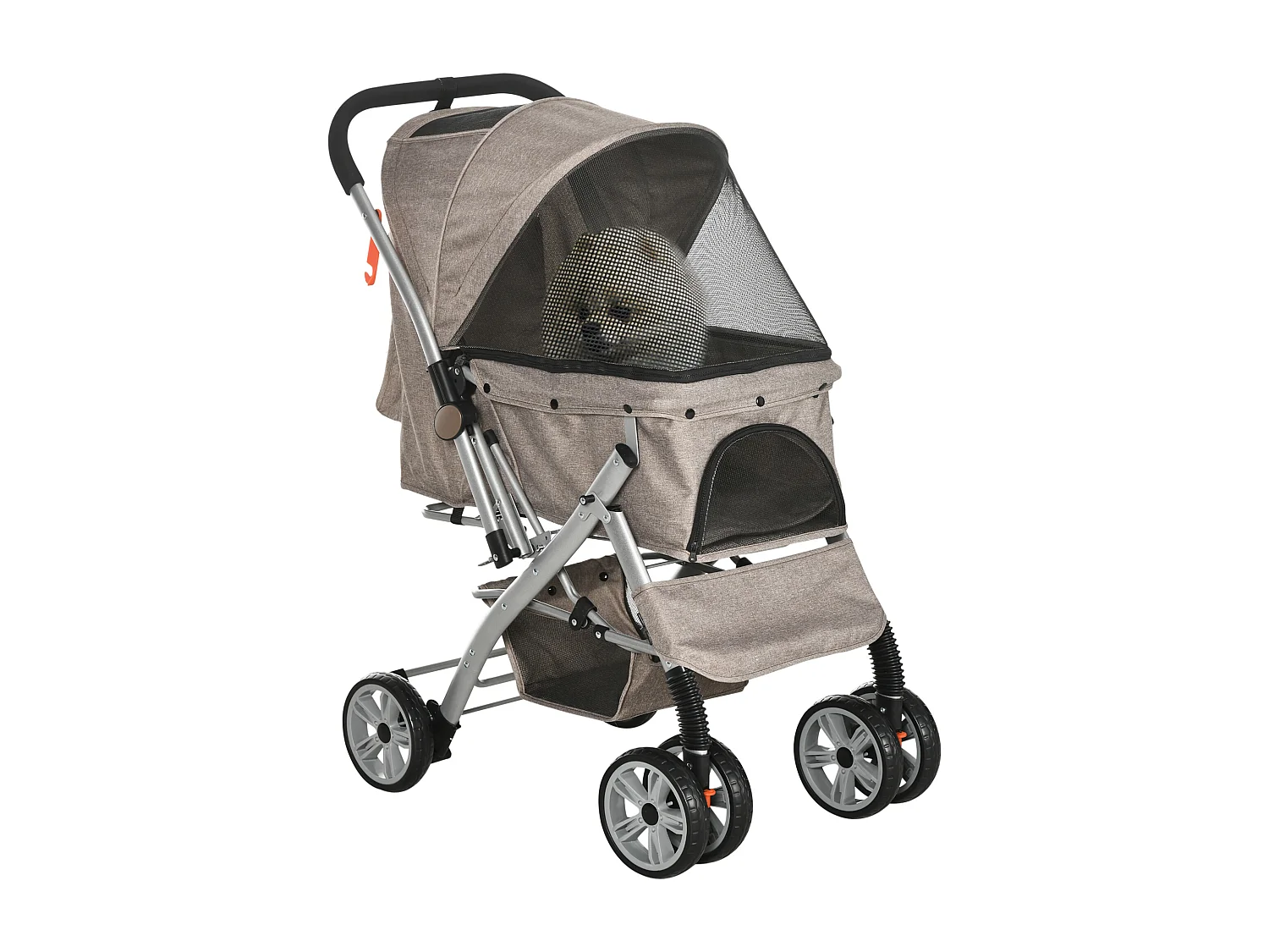 Poussette buggy pliable chien chat panier et sac de rangement attaches sécurité housse réglable poignée réversible acier Oxford marron chiné noir
