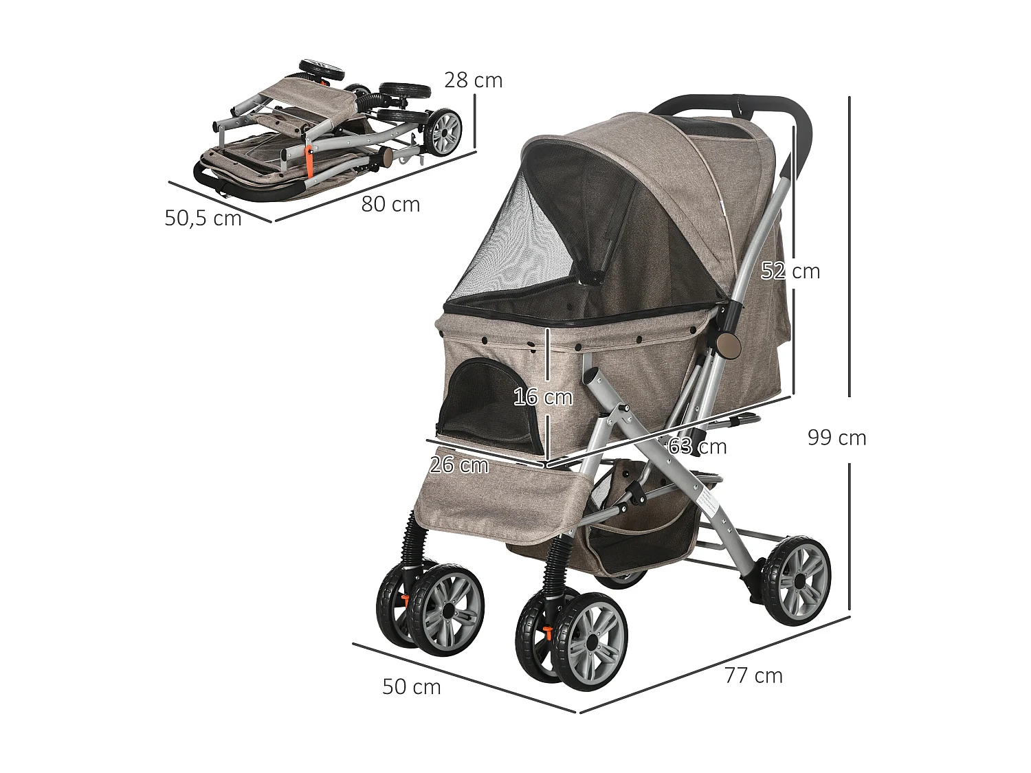 Poussette buggy pliable chien chat panier et sac de rangement attaches sécurité housse réglable poignée réversible acier Oxford marron chiné noir