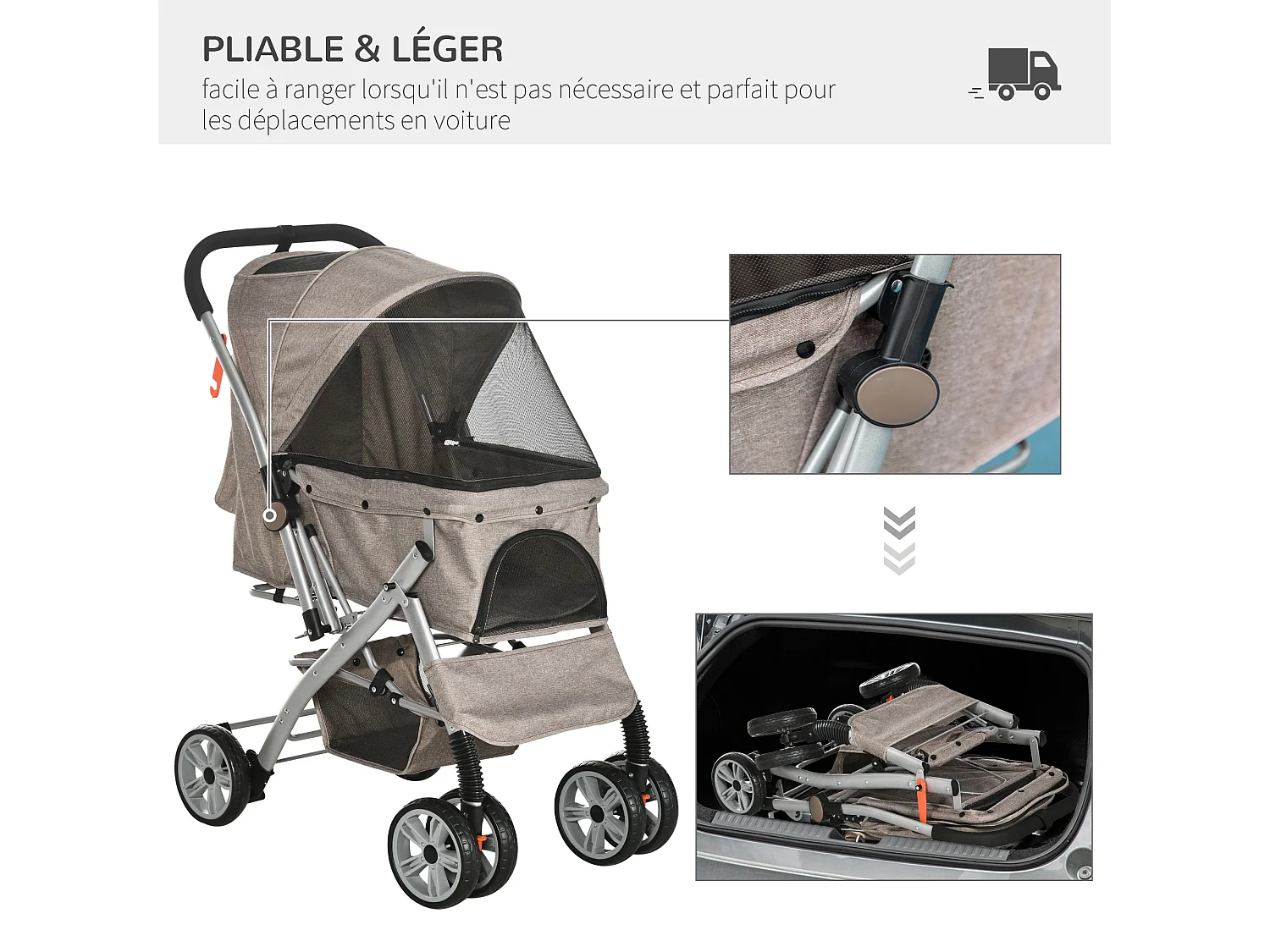 Poussette buggy pliable chien chat panier et sac de rangement attaches sécurité housse réglable poignée réversible acier Oxford marron chiné noir
