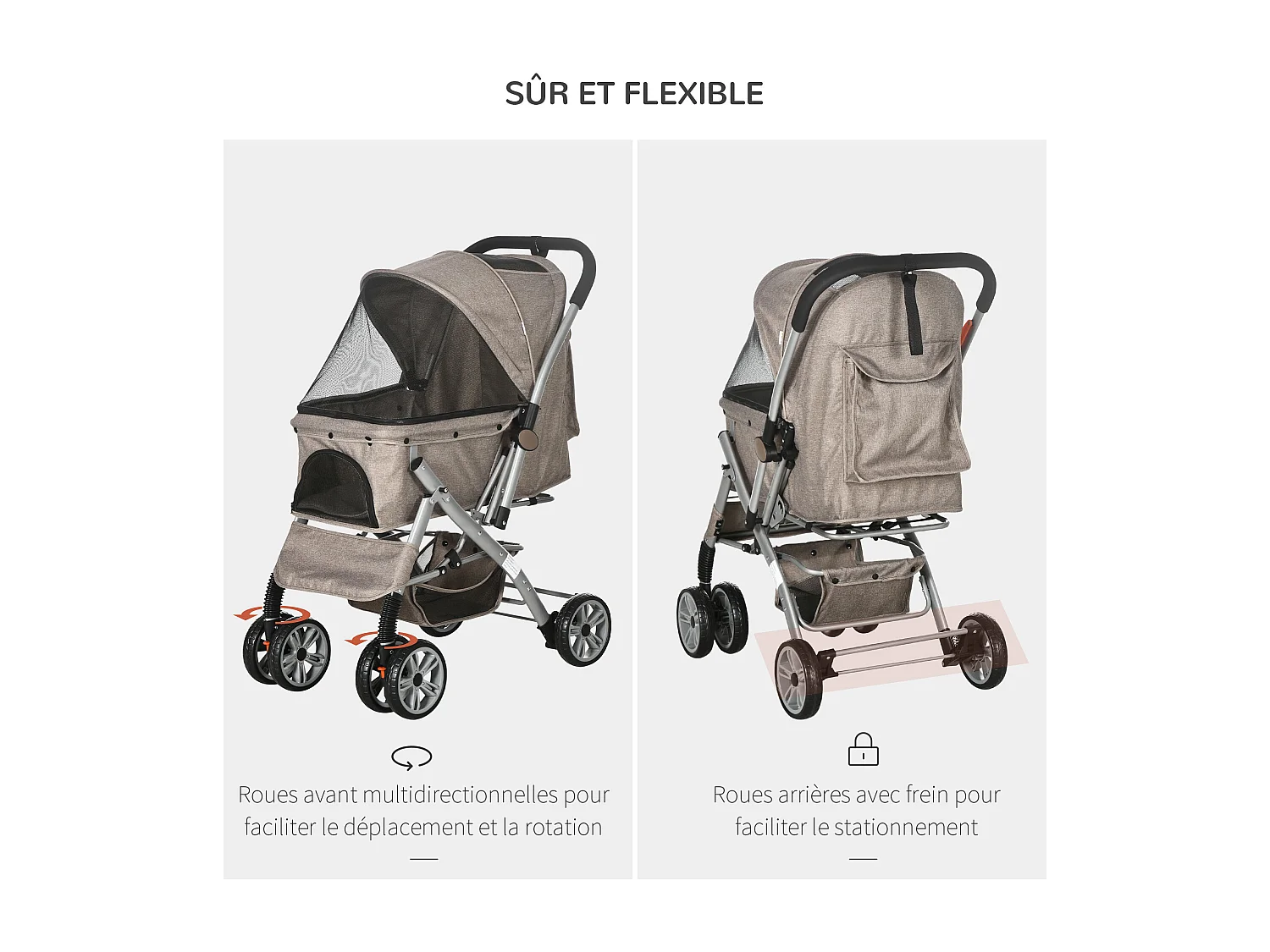 Poussette buggy pliable chien chat panier et sac de rangement attaches sécurité housse réglable poignée réversible acier Oxford marron chiné noir