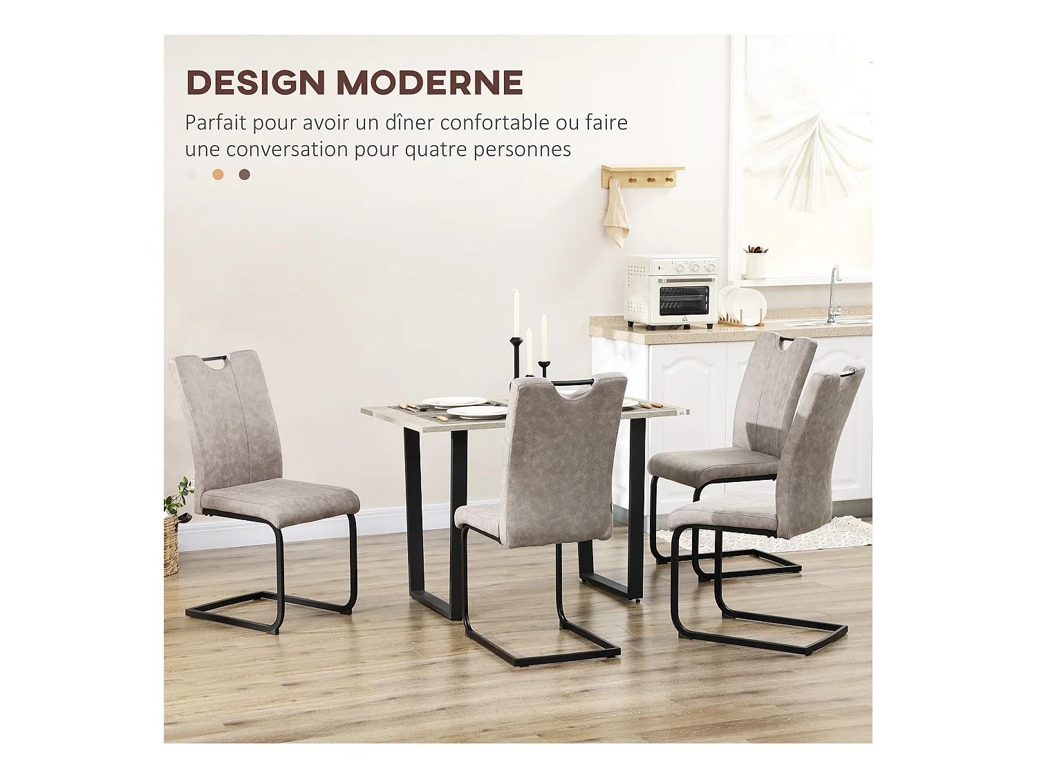 Lot de 4 chaises de salon design cantilever piètement luge acier noir revêtement microfibre gris