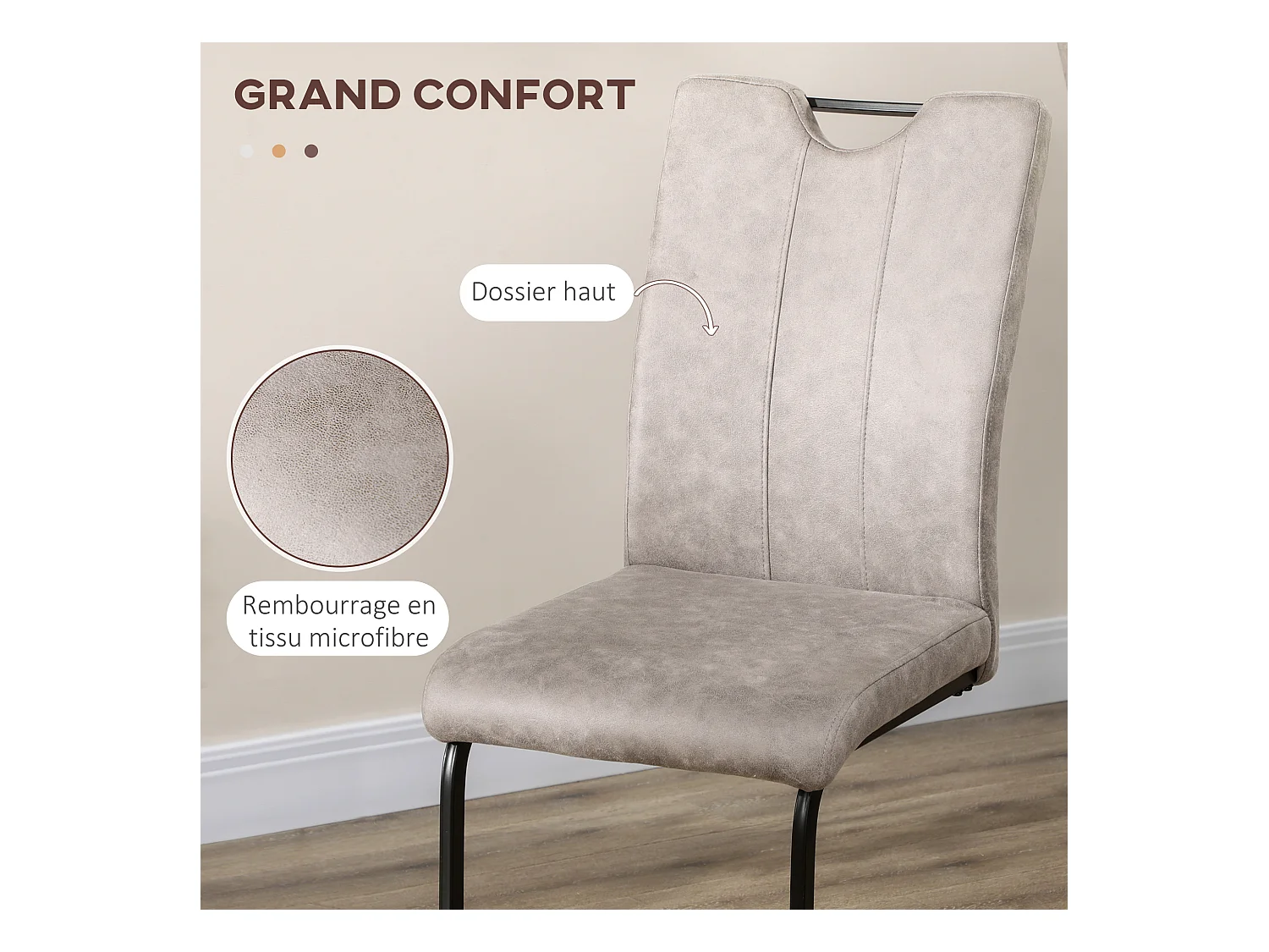 Lot de 4 chaises de salon design cantilever piètement luge acier noir revêtement microfibre gris