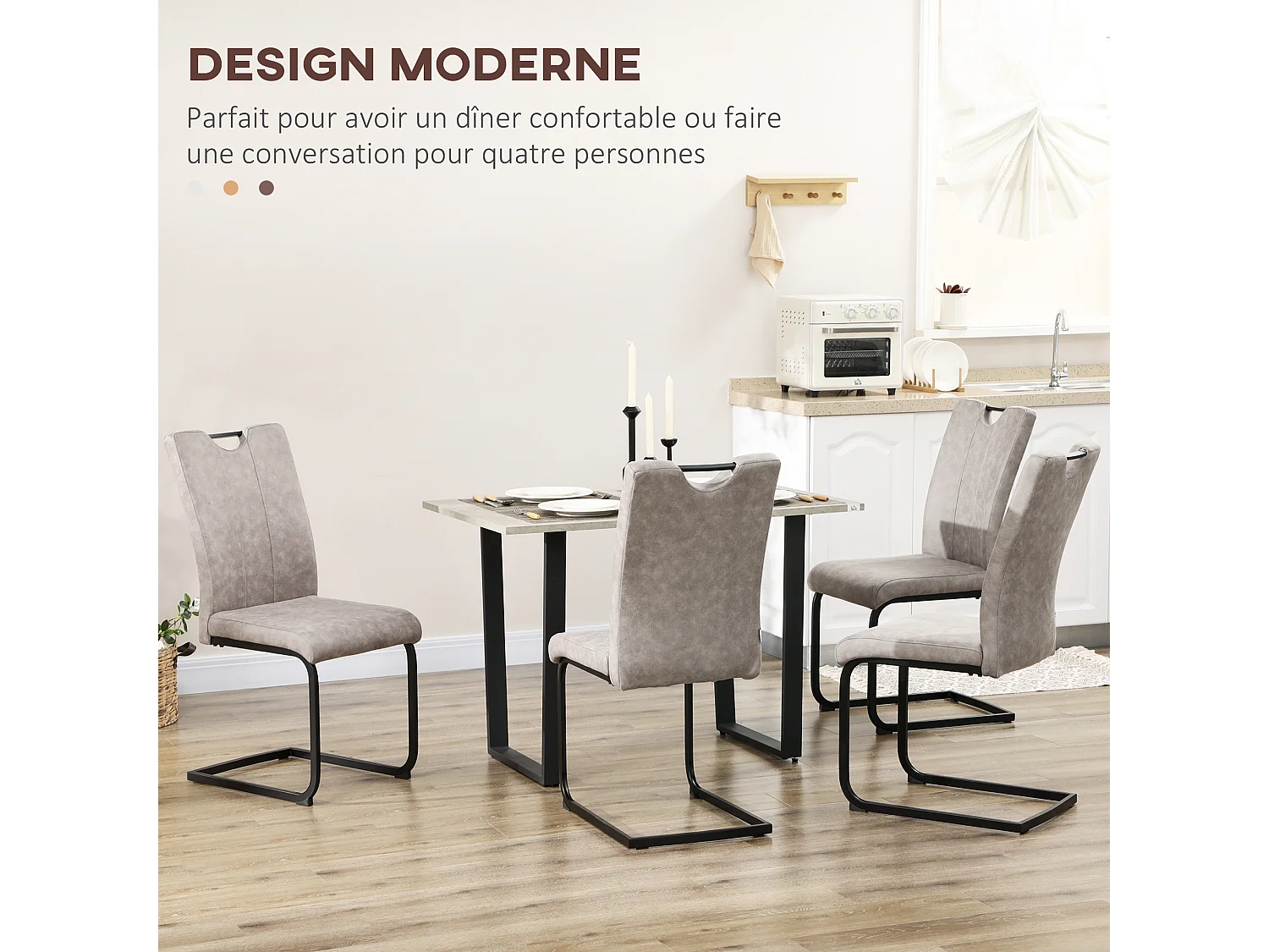 Lot de 4 chaises de salon design cantilever piètement luge acier noir revêtement microfibre gris