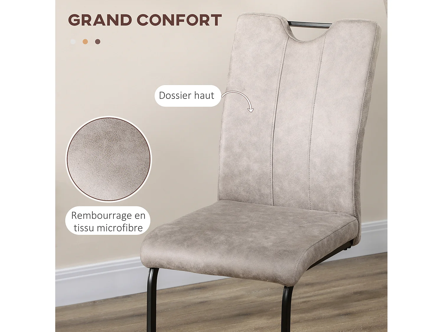 Lot de 4 chaises de salon design cantilever piètement luge acier noir revêtement microfibre gris