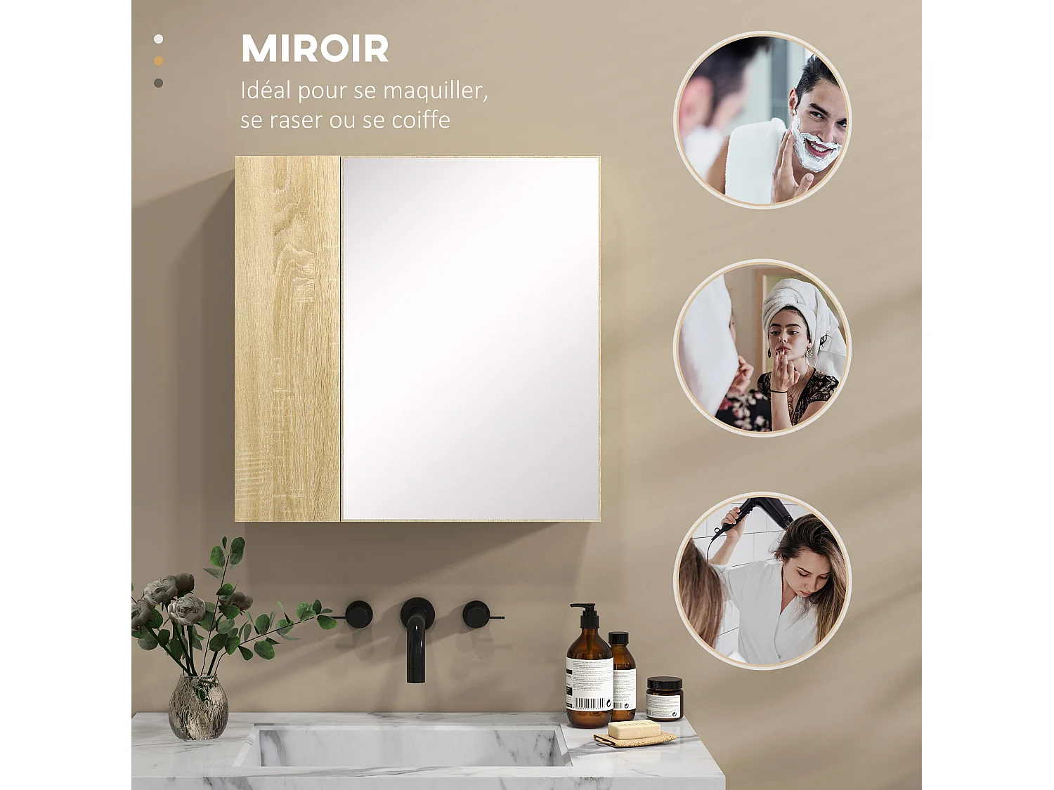 Armoire miroir de salle de bain - 2 portes, 2 étagères - kit installation murale fourni - panneaux aspect chêne clair