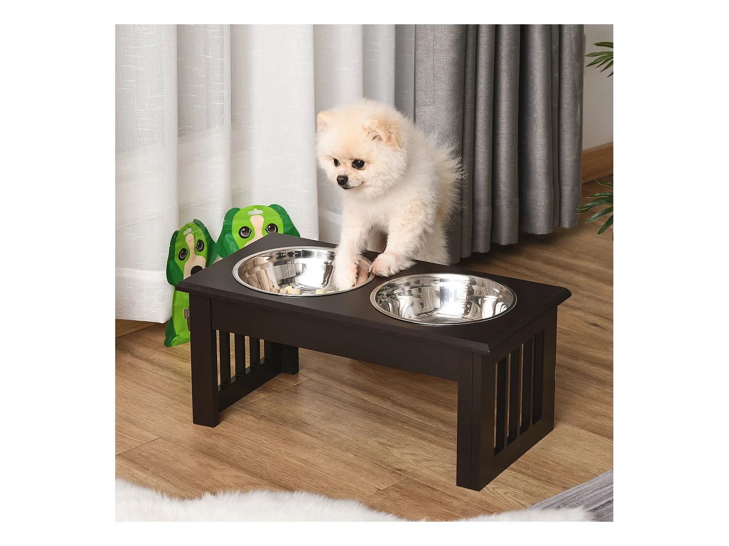 Gamelle double chien chat Porte-gamelles surélevé dim. 44L x 24l x 15H cm 2 gamelles acier inox. incluses MDF marron