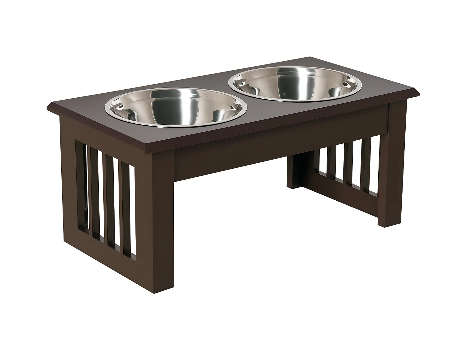 Gamelle double chien chat Porte-gamelles surélevé dim. 44L x 24l x 15H cm 2 gamelles acier inox. incluses MDF marron