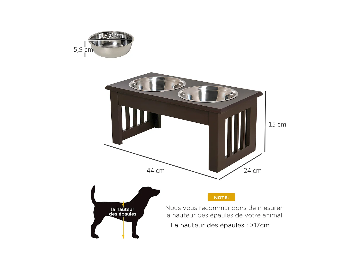 Gamelle double chien chat Porte-gamelles surélevé dim. 44L x 24l x 15H cm 2 gamelles acier inox. incluses MDF marron