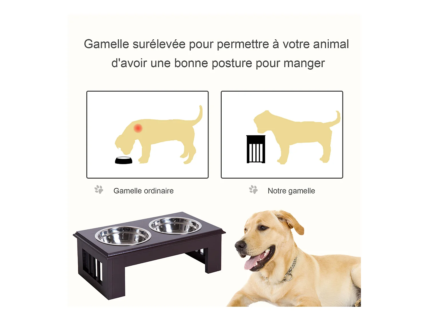 Gamelle double chien chat Porte-gamelles surélevé dim. 44L x 24l x 15H cm 2 gamelles acier inox. incluses MDF marron