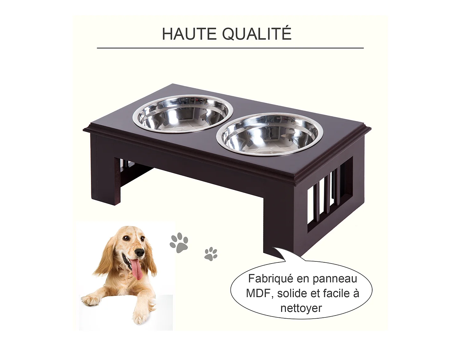 Gamelle double chien chat Porte-gamelles surélevé dim. 44L x 24l x 15H cm 2 gamelles acier inox. incluses MDF marron