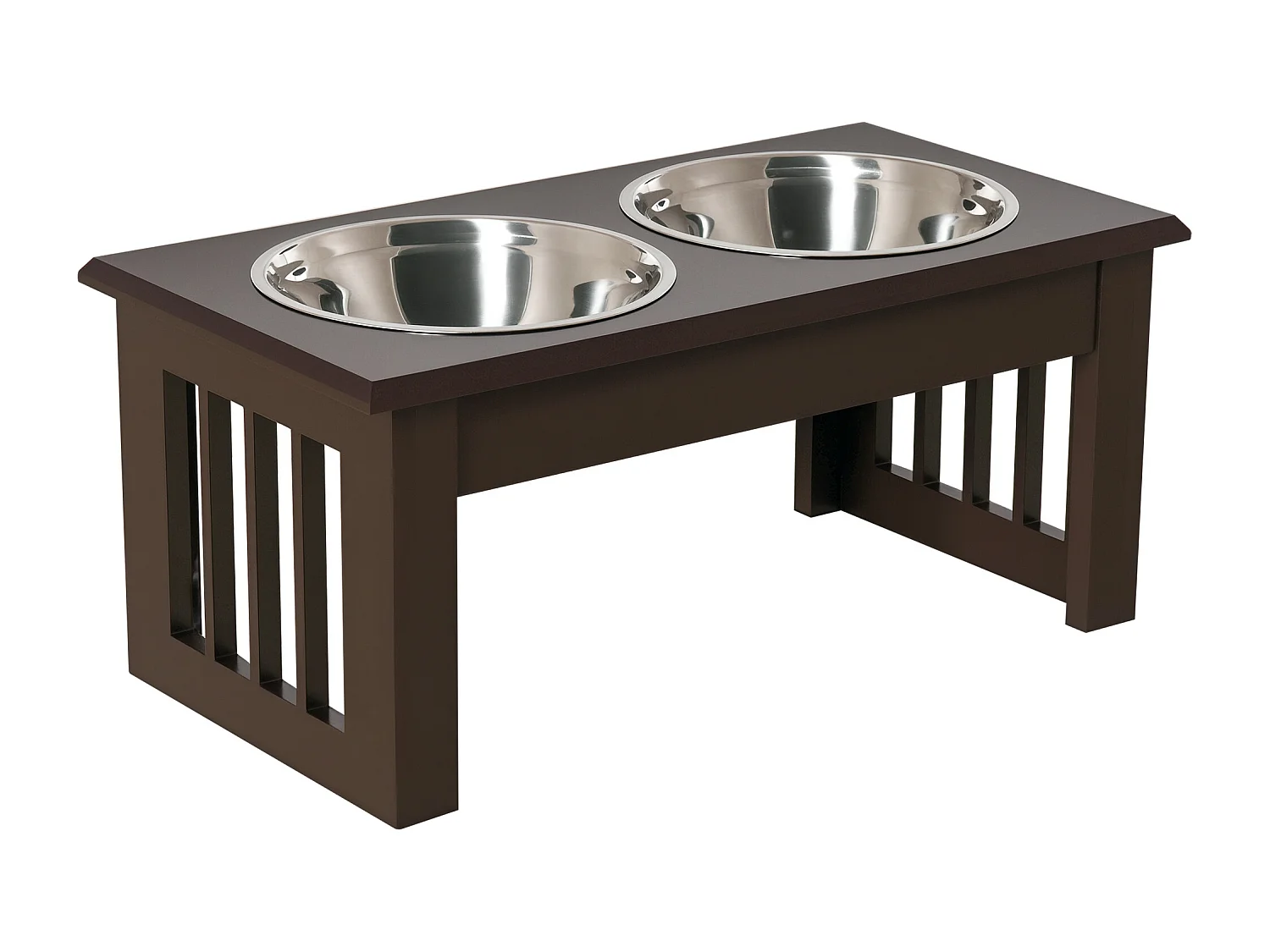 Gamelle double chien chat Porte-gamelles surélevé dim. 44L x 24l x 15H cm 2 gamelles acier inox. incluses MDF marron