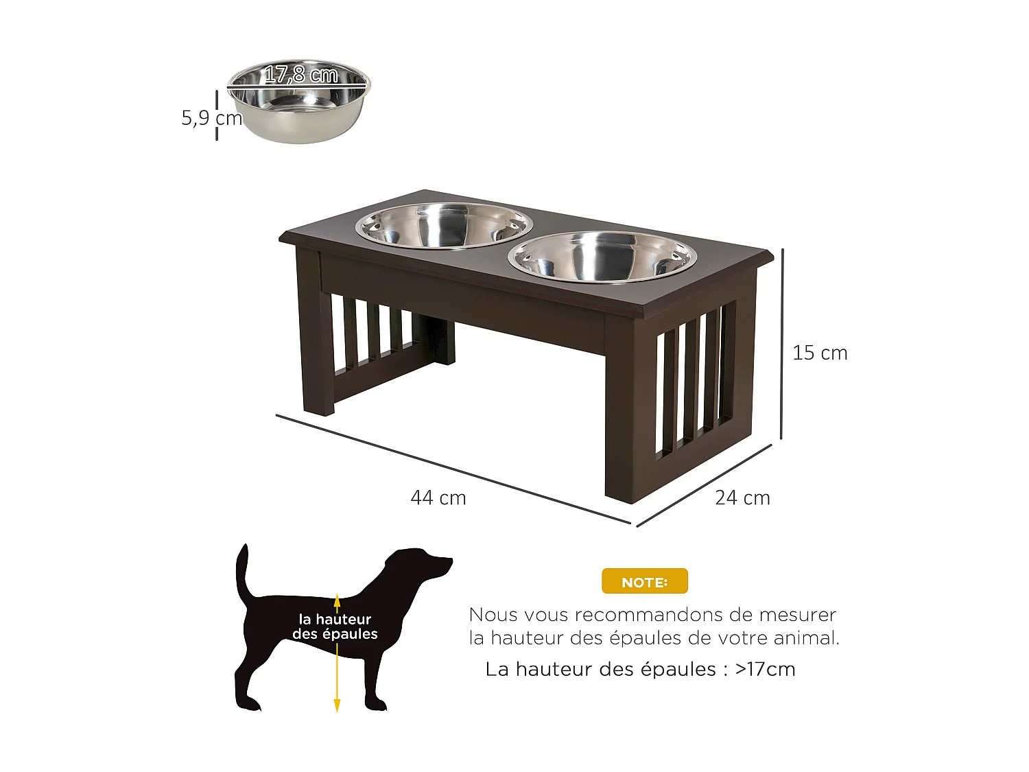 Gamelle double chien chat Porte-gamelles surélevé dim. 44L x 24l x 15H cm 2 gamelles acier inox. incluses MDF marron