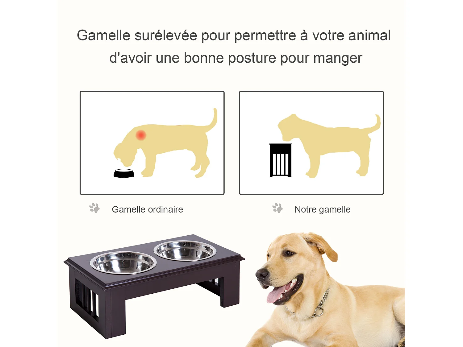 Gamelle double chien chat Porte-gamelles surélevé dim. 44L x 24l x 15H cm 2 gamelles acier inox. incluses MDF marron