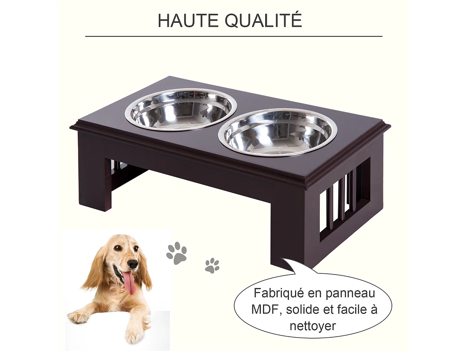 Gamelle double chien chat Porte-gamelles surélevé dim. 44L x 24l x 15H cm 2 gamelles acier inox. incluses MDF marron