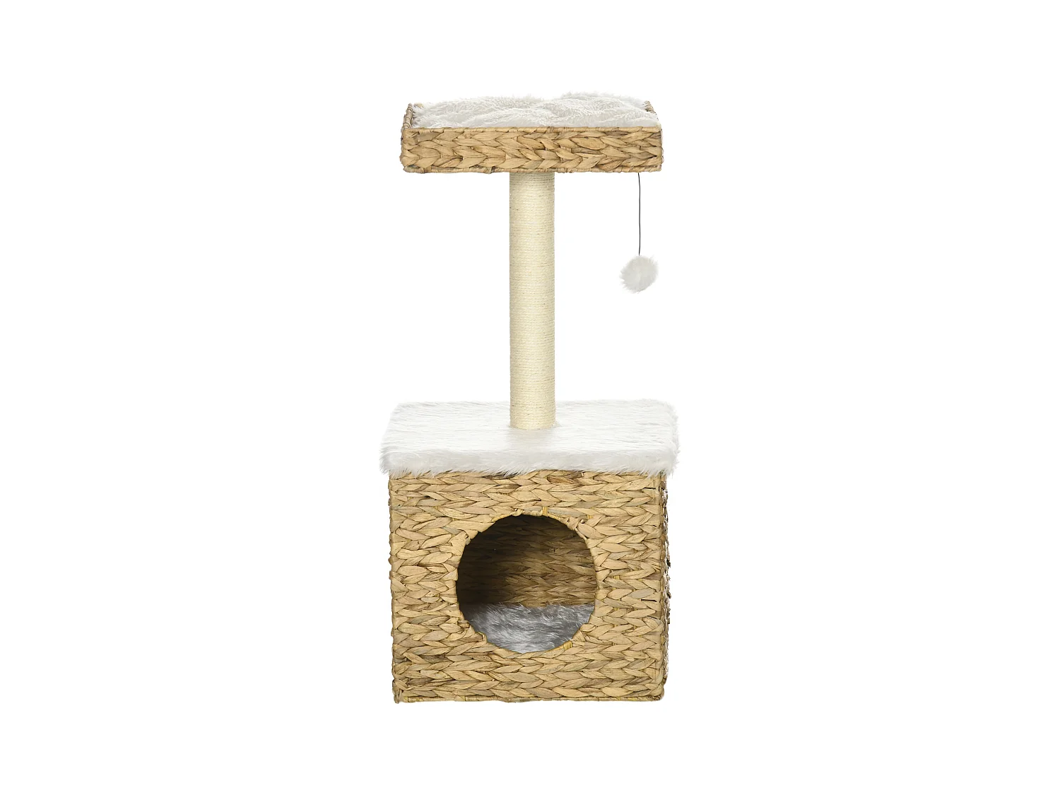 Arbre à chat style cosy chic griffoir sisal niche plateforme d'observation boule jacinthe d'eau peluche aspect fourrure