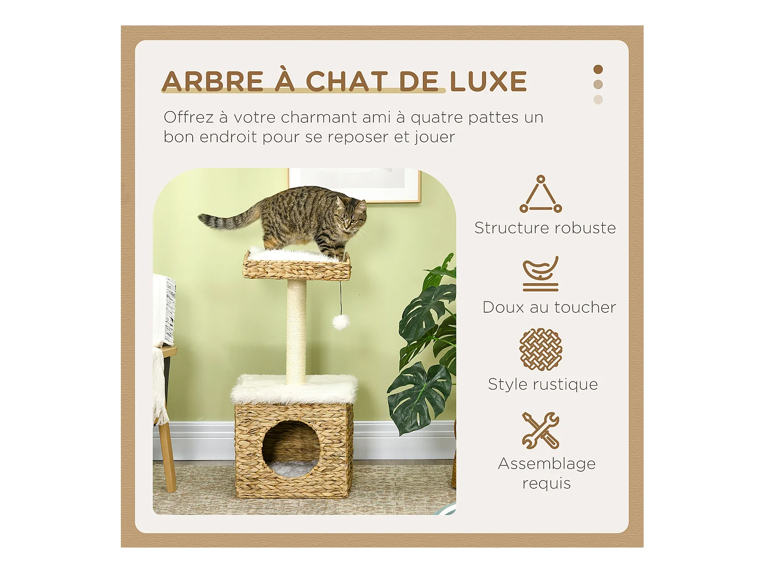 Arbre à chat style cosy chic griffoir sisal niche plateforme d'observation boule jacinthe d'eau peluche aspect fourrure